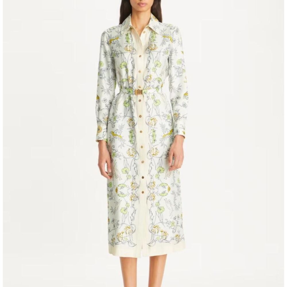 TORY BURCH Silk Printed Shirt Midi Dress White Sz 6